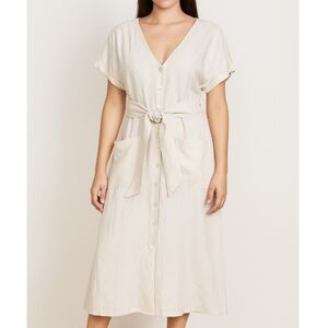Elegant 100% Linen Cream Button-Down Dress